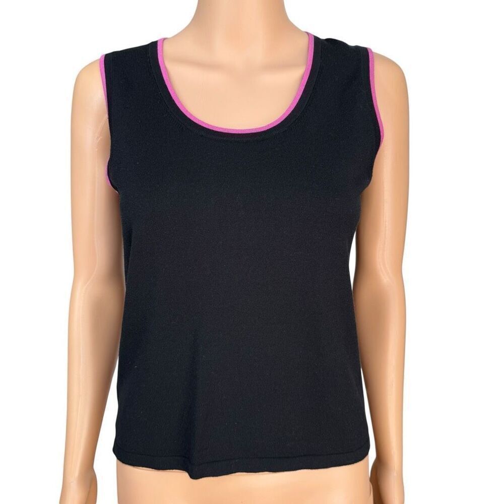 GIANNI Black Silk Blend knit Tank Top Pink Trim Minimalist Y2K Sleeveless Sz M